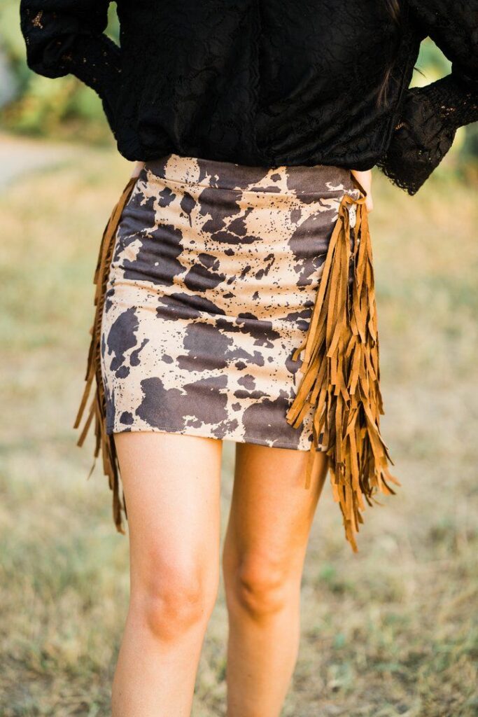 Stylish Cow Print Fringe Skirt For Trendy Fashionistas