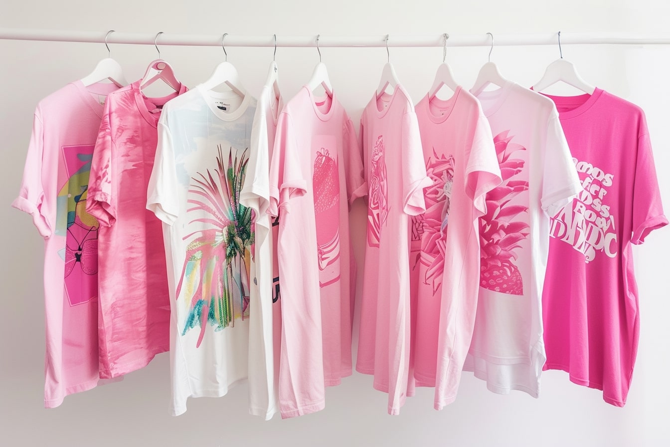 A Collection Of Pink And White Graphic Tees On Hangers