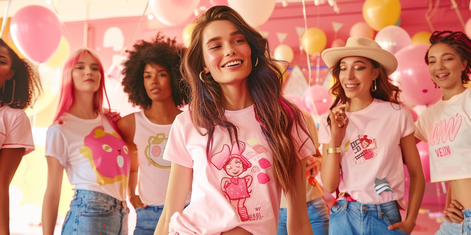 A Group Of Friends In Pink And White Graphic Tees Celebrate Together