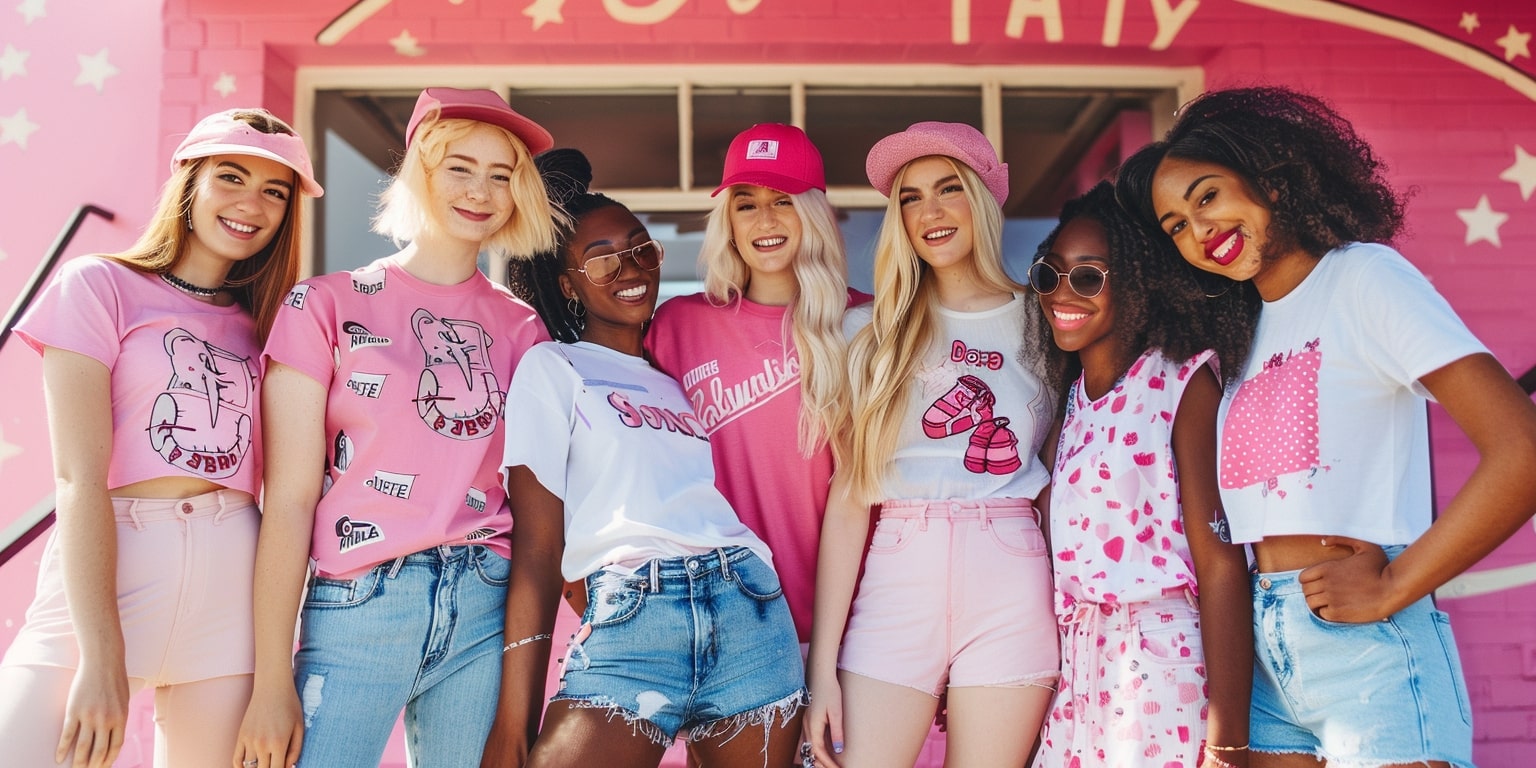 A Group Of Friends Pose In Pink And White Graphic Tees In Front Of A Pink Wall